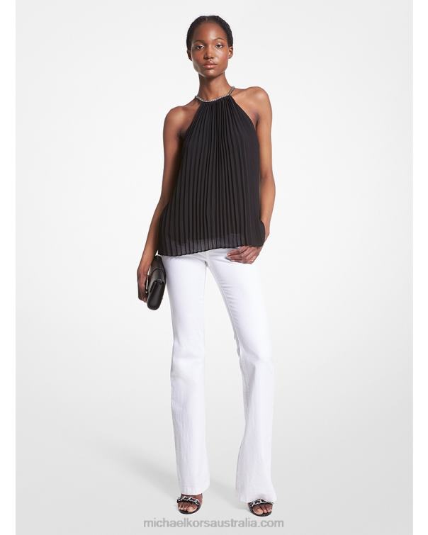 Women Black 4T06F448 Pleated Georgette Chain Top Michael Kors