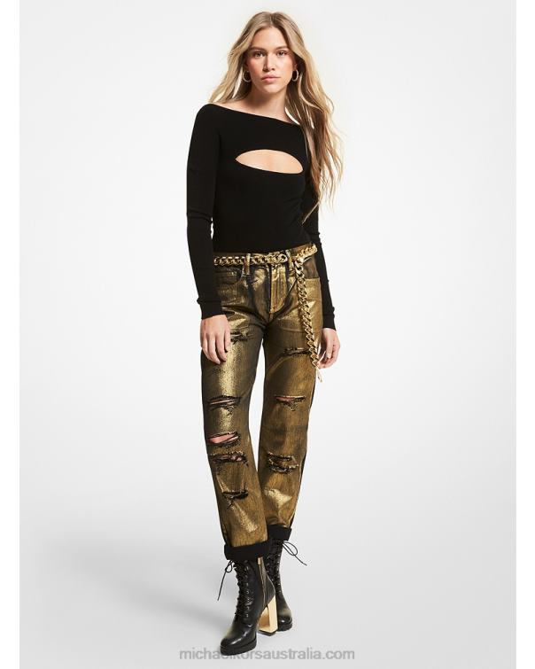 Women Black 4T06F462 Ribbed Merino Wool Blend Cutout Bodysuit Michael Kors