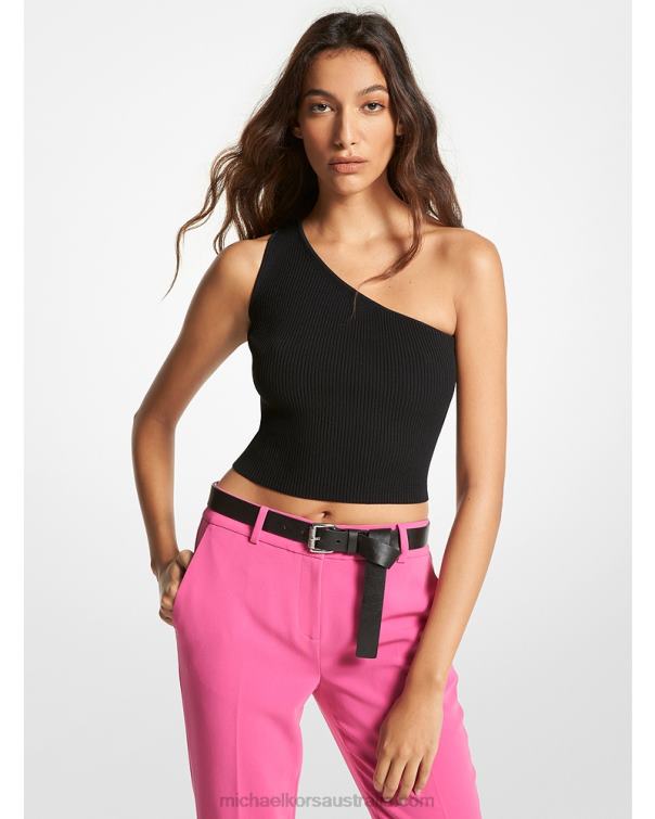 Women Black 4T06F480 Ribbed Knit One-Shoulder Cropped Top Michael Kors