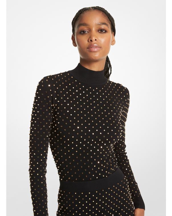 Women Black/Gold 4T06F443 Astor Stud Stretch Viscose Mock Neck Top Michael Kors