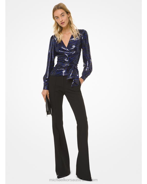 Women Black/Twilight Blue 4T06F477 Tiger Silk-Blend Satin Wrap Top Michael Kors