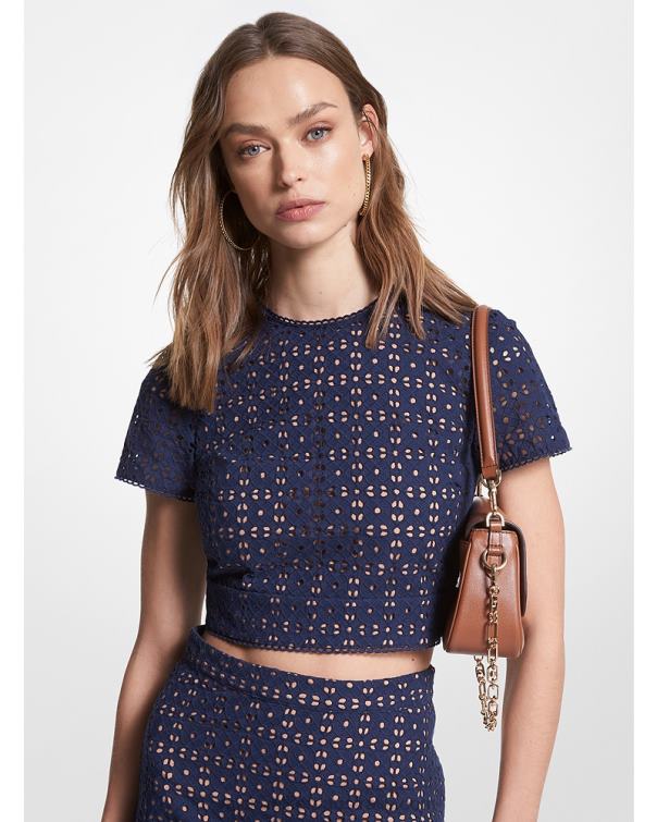 Women Midnightblue 4T06F373 Cotton Eyelet Cropped Top Michael Kors