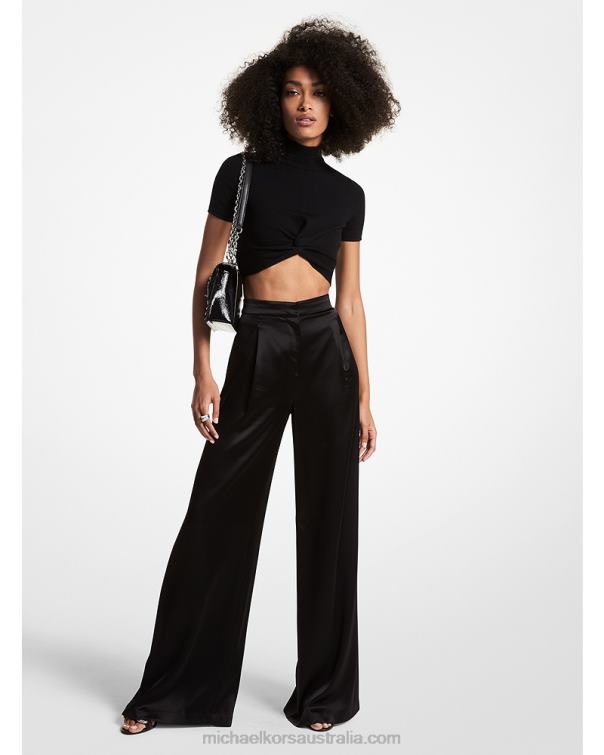 Women Black 4T06F515 Satin Wide-Leg Pants Michael Kors