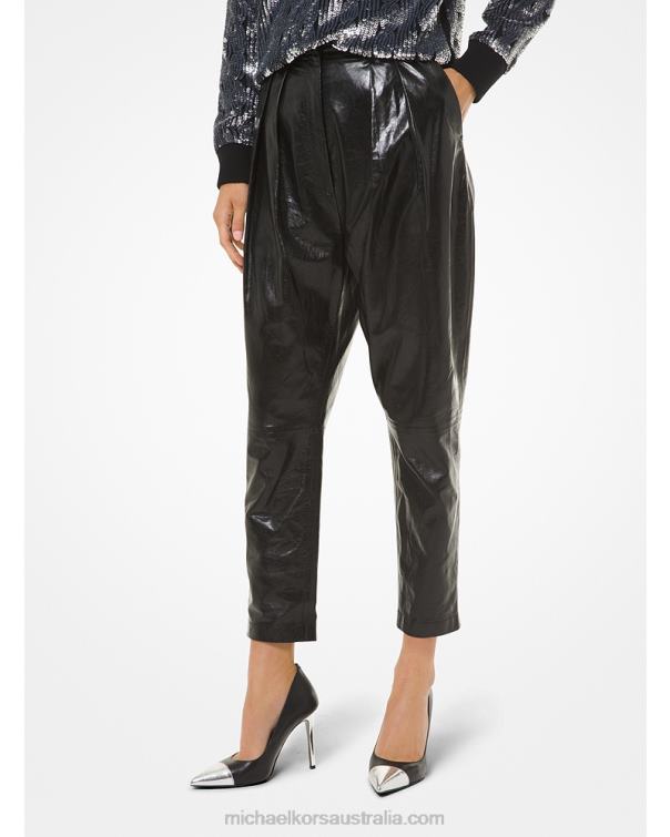 Women Black 4T06F517 Pleated Leather Pants Michael Kors