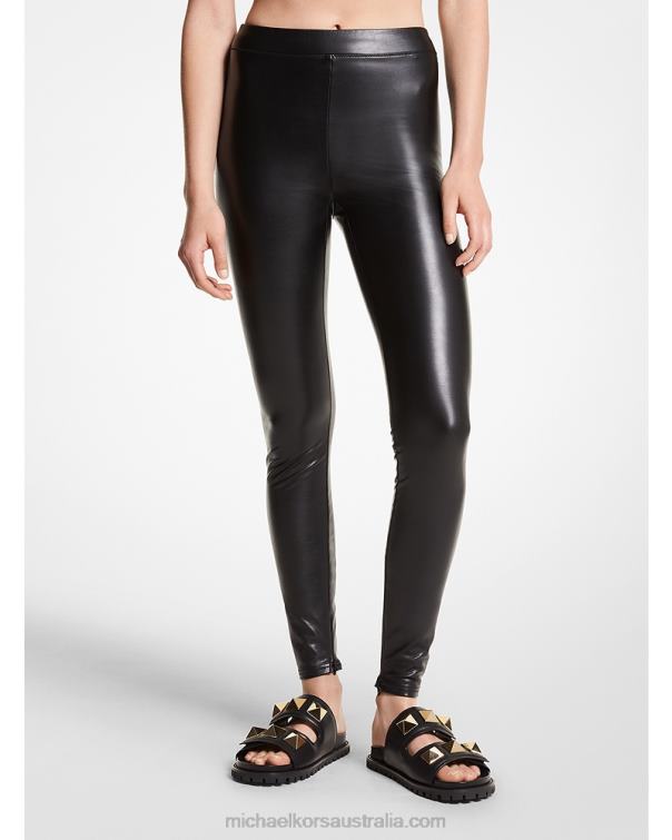 Women Black 4T06F521 Stretch Faux Leather Leggings Michael Kors