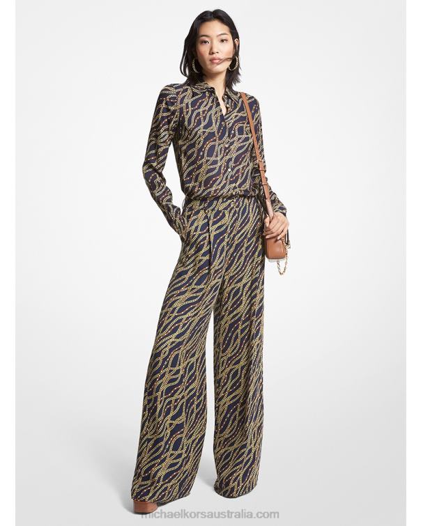 Women Midnightblue 4T06F484 Status Print Georgette Wide-Leg Pants Michael Kors