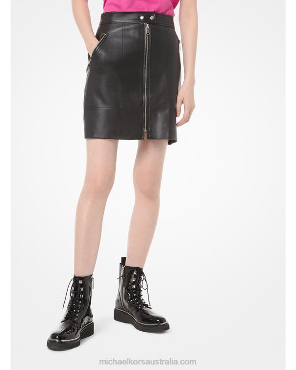 Women Black 4T06F624 Leather Moto Skirt Michael Kors
