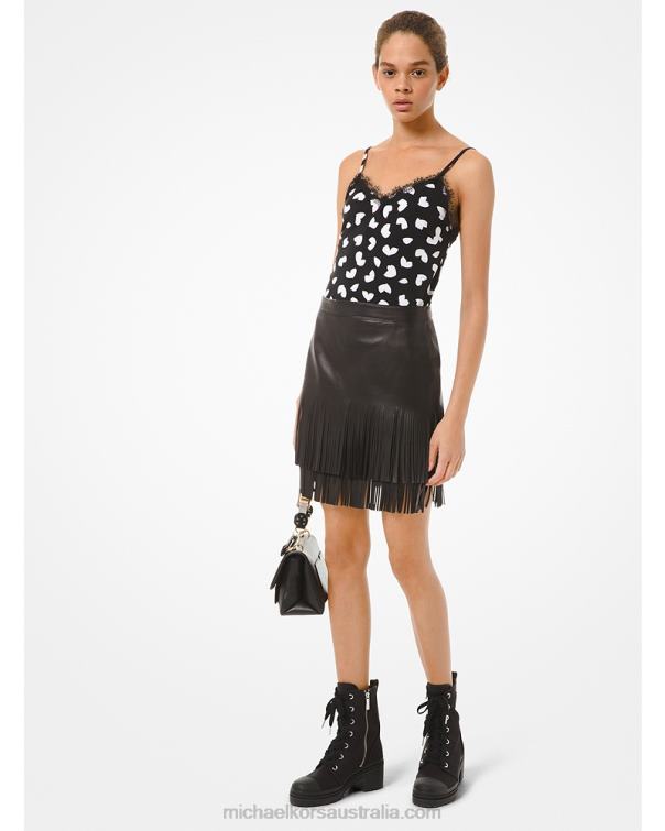 Women Black 4T06F626 Fringed Leather Skirt Michael Kors