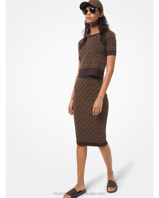 Women Chocolate 4T06F610 Logo Jacquard Pencil Skirt Michael Kors
