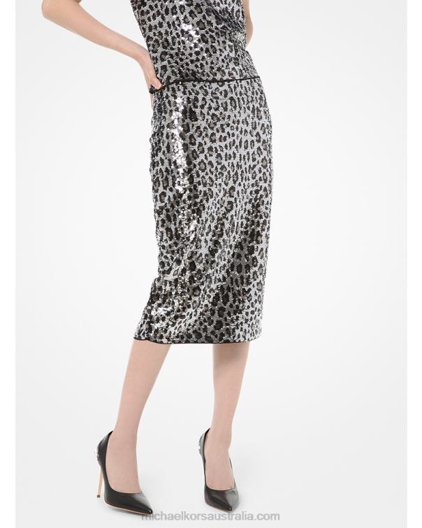 Women Gunmetal 4T06F621 Leopard Sequined Pencil Skirt Michael Kors