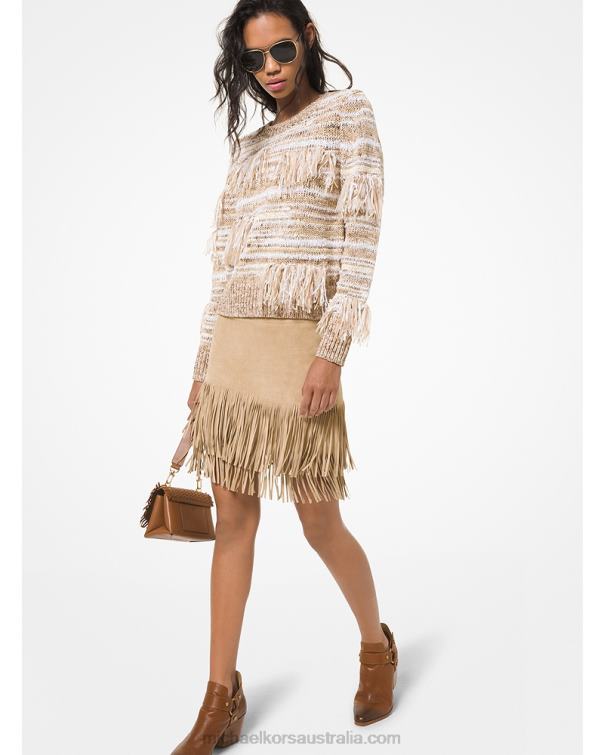 Women Khaki 4T06F623 Fringed Suede Skirt Michael Kors