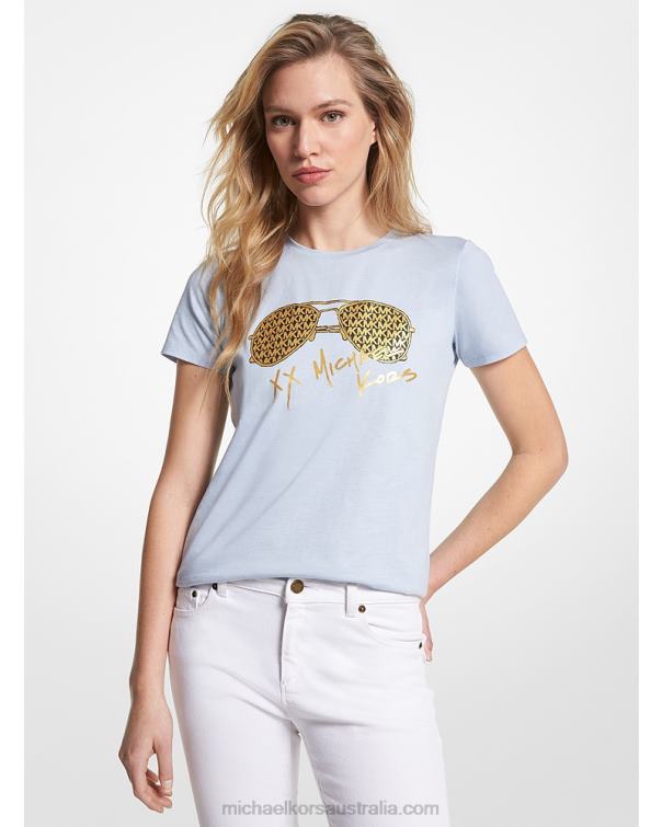 Women Lt Chambray 4T06F409 Metallic Logo Aviator Print Organic Cotton T-Shirt Michael Kors