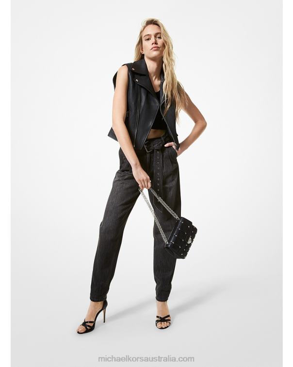 Women Black 4T06F331 Pebbled Leather Moto Vest Michael Kors