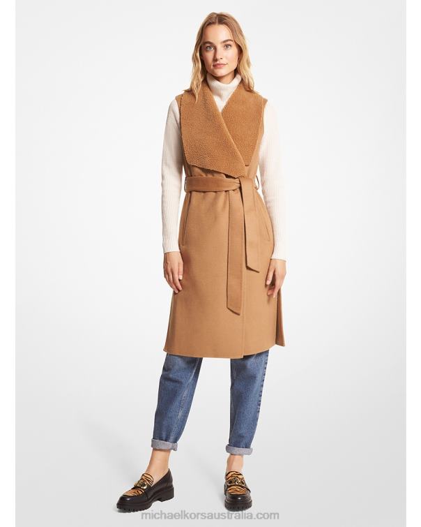 Women Dark Camel 4T06F252 Wool Blend and Sherpa Wrap Vest Michael Kors