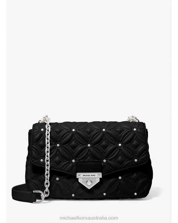 Women Black 4T06F891 SoHo Large Studded Quilted Faux Leather Shoulder Bag Michael Kors