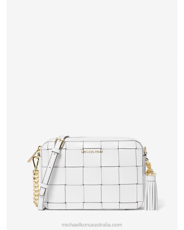 Women Optic White 4T06F641 Ginny Medium Woven Leather Crossbody Bag Michael Kors