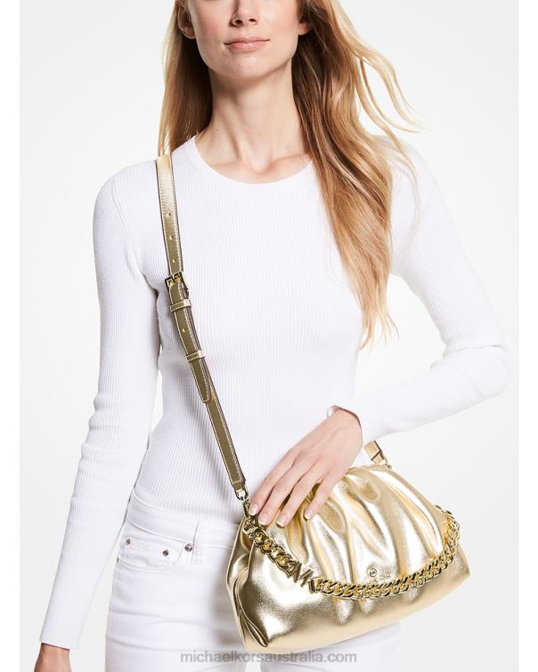 Women Pale Gold 4T06F987 Nola Small Metallic Faux Leather Crossbody Bag Michael Kors