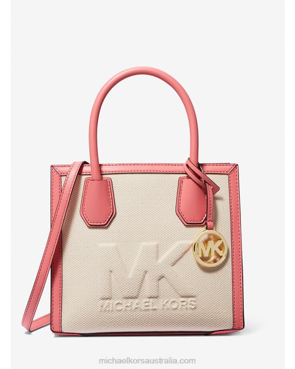 Women Tea Rose 4T06F870 Mercer Medium Logo Embossed Cotton Canvas Crossbody Bag Michael Kors