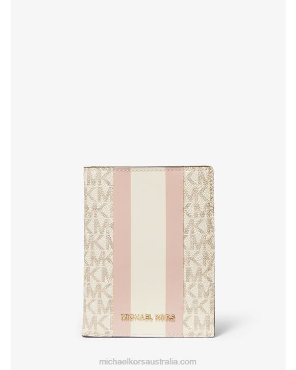 Women Vanilla/Soft Pink 4T06F1545 Bedford Travel Medium Logo Stripe Passport Wallet Michael Kors