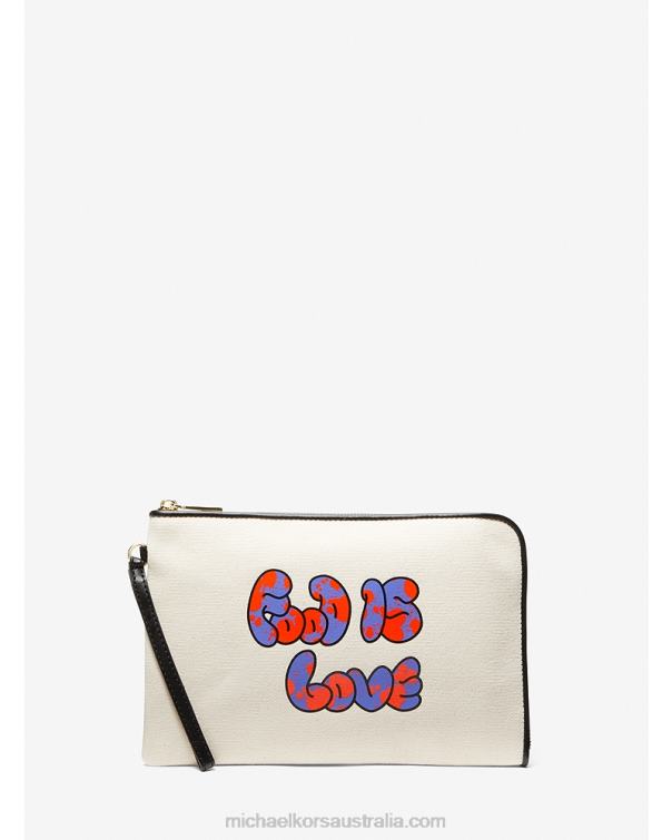 Women Natural/Black 4T06F1520 Watch Hunger Stop LOVE Medium Cotton Canvas Pouch Michael Kors