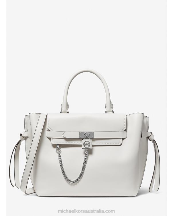 Women Optic White 4T06F1399 Hamilton Legacy Large Leather Belted Satchel Michael Kors