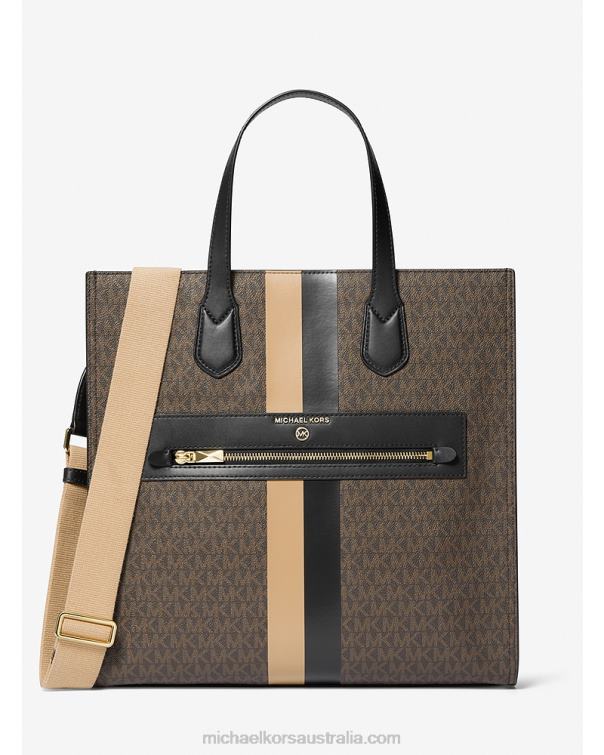 Women Black/Camel 4T06F1084 Kempner Large Logo Stripe Tote Bag Michael Kors