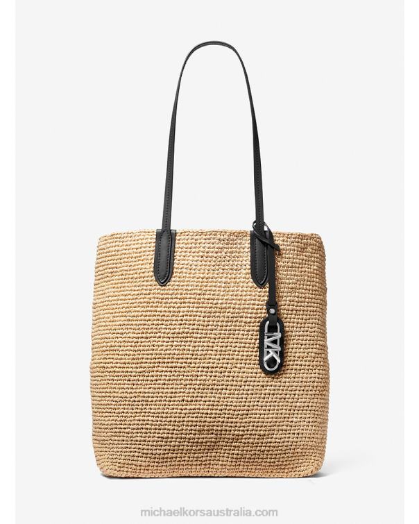 Women Natural/Black 4T06F1154 Eliza Large Woven Straw Tote Bag Michael Kors