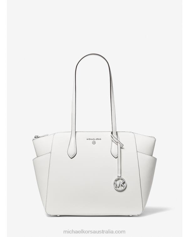 Women Optic White 4T06F1045 Marilyn Medium Saffiano Leather Tote Bag Michael Kors