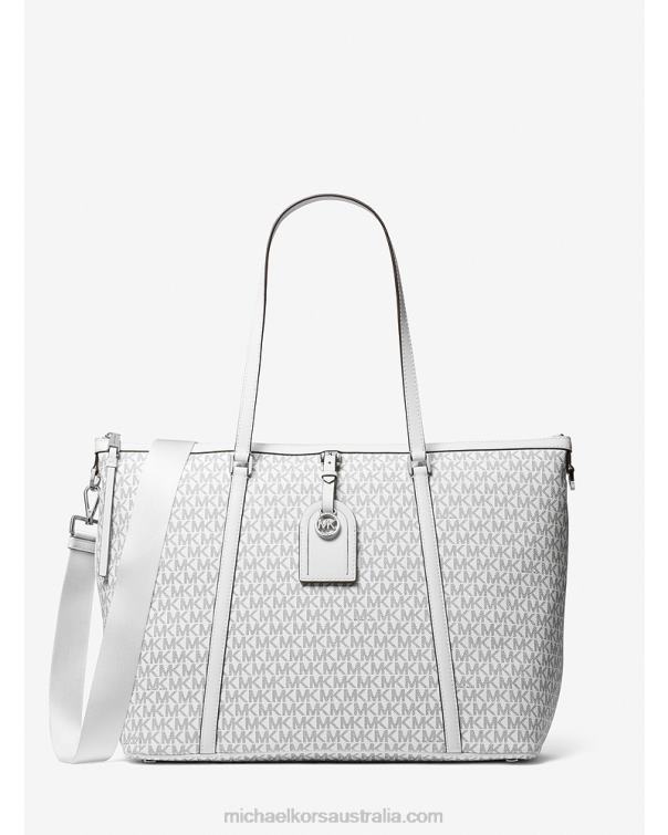 Women Optic White/Black 4T06F1176 Heritage Large Logo Tote Bag Michael Kors