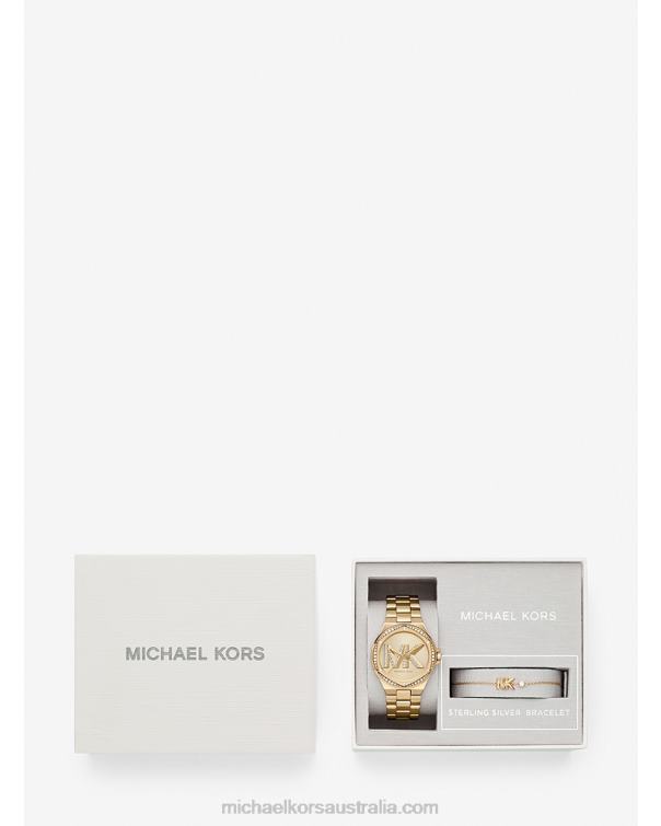 Women Gold 4T06F2464 Lennox Pave Logo Watch and Bracelet Set Michael Kors