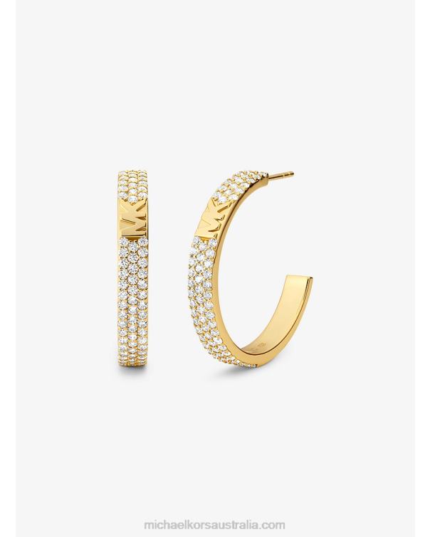 Women Gold 4T06F2542 14K Gold-Plated Sterling Silver Pave Logo Hoop Earrings Michael Kors