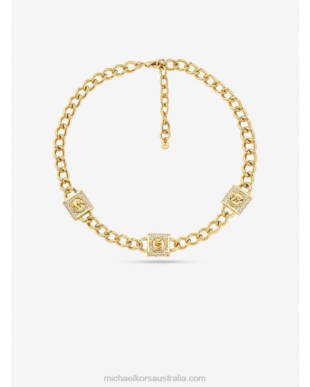 Women Gold 4T06F2490 14K Gold-Plated Brass Pave Lock Trio Necklace Michael Kors