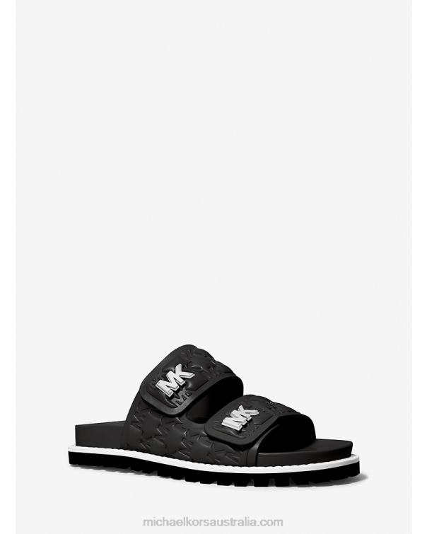 Women Black 4T06F1921 Stark Logo Embossed Faux Leather Slide Sandal Michael Kors