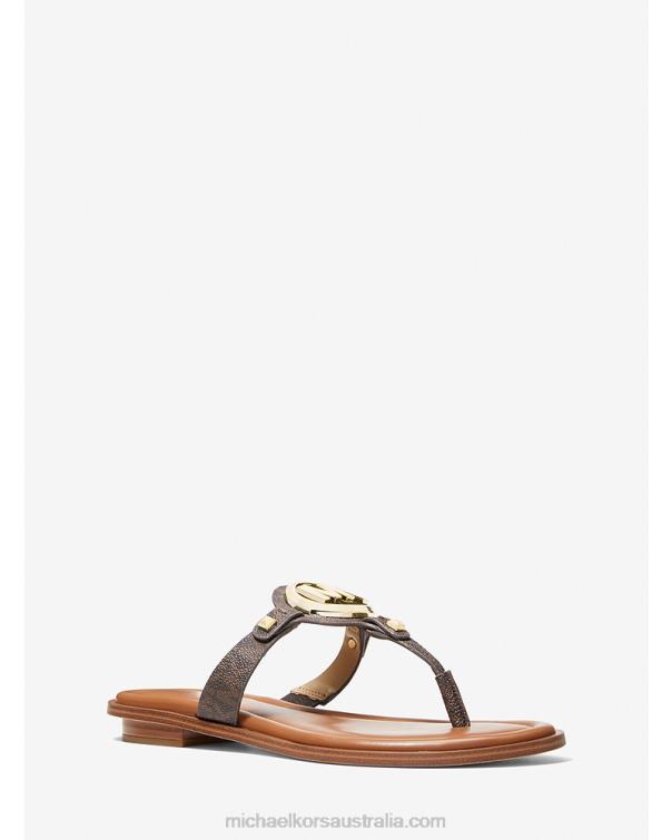 Women Brown 4T06F1998 Aubrey Logo T-Strap Sandal Michael Kors