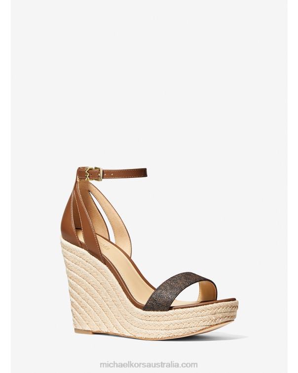 Women Brown/Luggage 4T06F1975 Kimberly Logo and Leather Wedge Sandal Michael Kors
