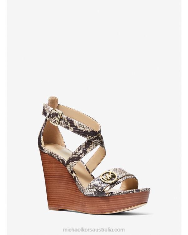 Women Natural 4T06F1976 Carmen Snake Embossed Faux Leather Wedge Sandal Michael Kors