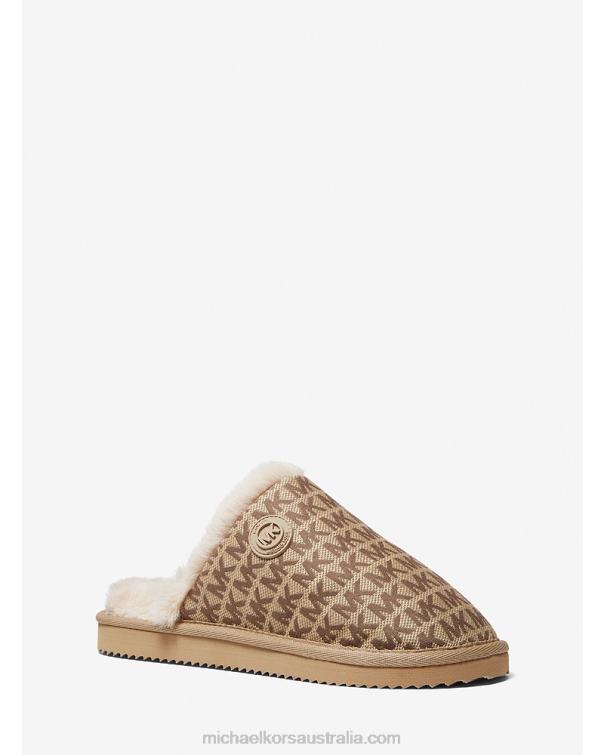 Women Beige Multi 4T06F2338 Janis Faux Fur-Lined Logo Jacquard Slipper Michael Kors