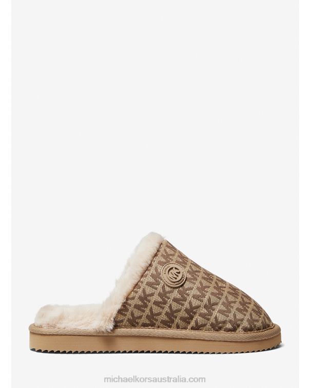 Women Beige Multi 4T06F2338 Janis Faux Fur-Lined Logo Jacquard Slipper Michael Kors