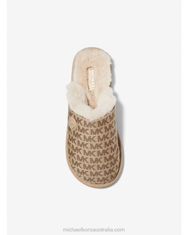 Women Beige Multi 4T06F2338 Janis Faux Fur-Lined Logo Jacquard Slipper Michael Kors