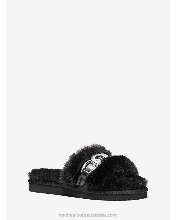 Women Black 4T06F2336 Scarlett Chain Link Faux Fur Slide Sandal Michael Kors