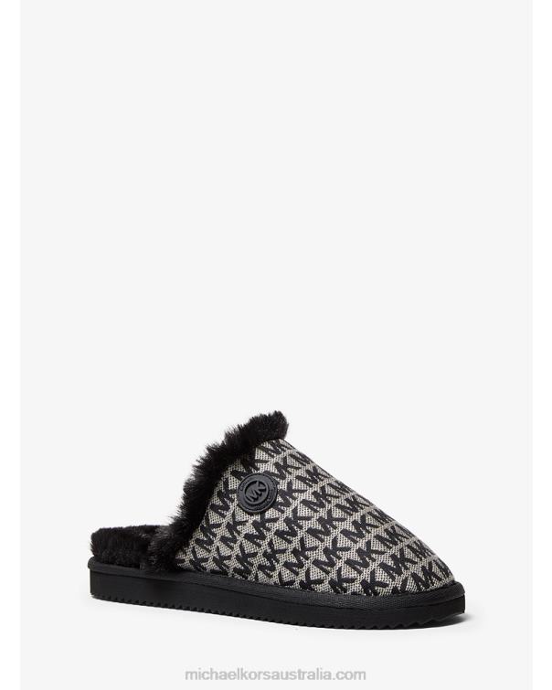 Women Black 4T06F2340 Janis Faux Fur-Lined Logo Jacquard Slipper Michael Kors