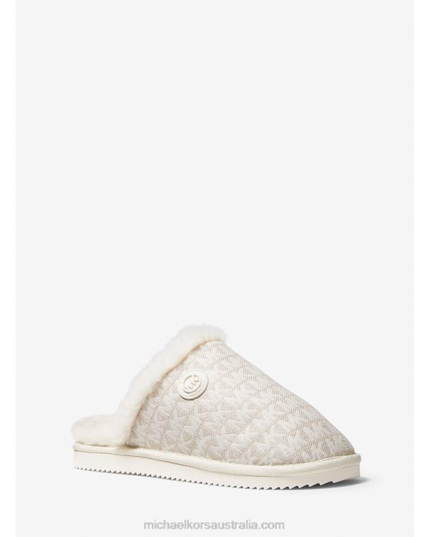 Women Natural 4T06F2335 Janis Faux Fur-Lined Logo Jacquard Slipper Michael Kors